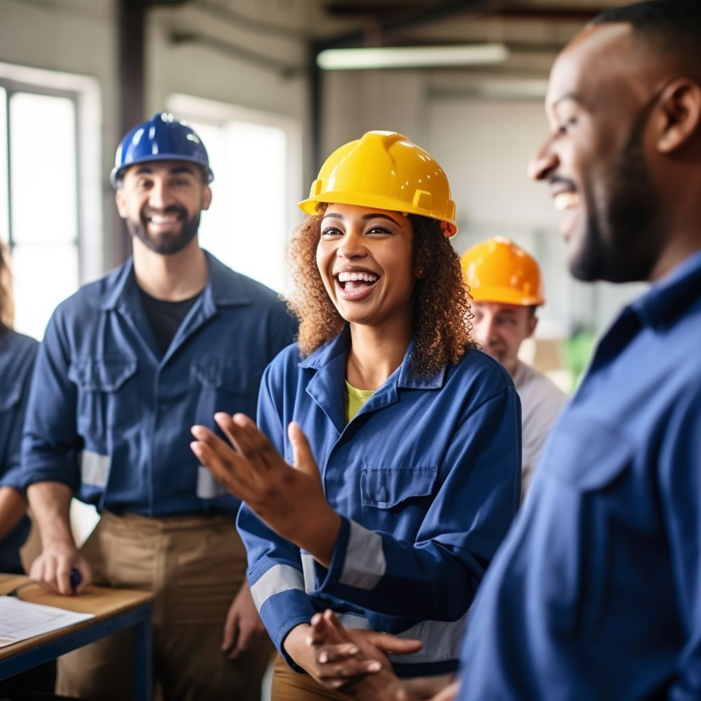 Lavoratori in tuta da lavoro e casco che partecipano a un momento di formazione in un capannone